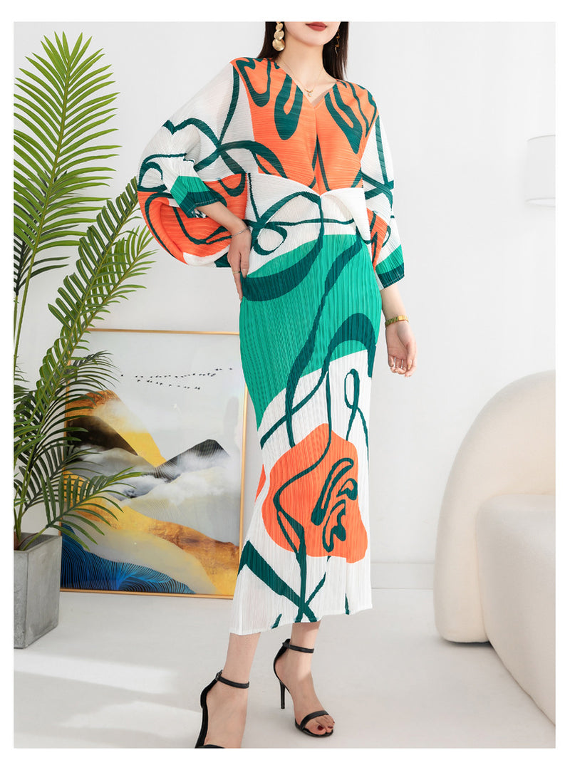 Women'S Temperament Pleated Print Batwing Sleeve Dress
