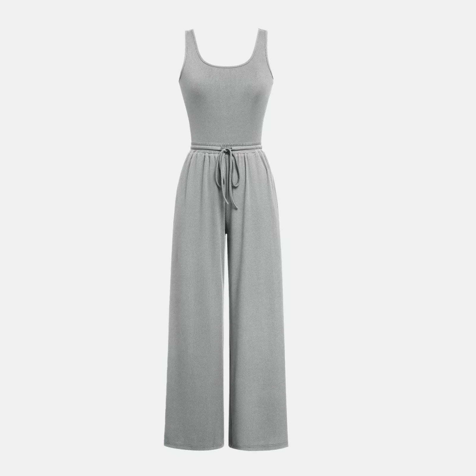 Women'S Travel Clothes Women'S Casual 2 Pieces Outfits Square Neck Sleeveless Bodysuit Drawstring Wide Leg Pants Knit Matching Sets Grey Sizel