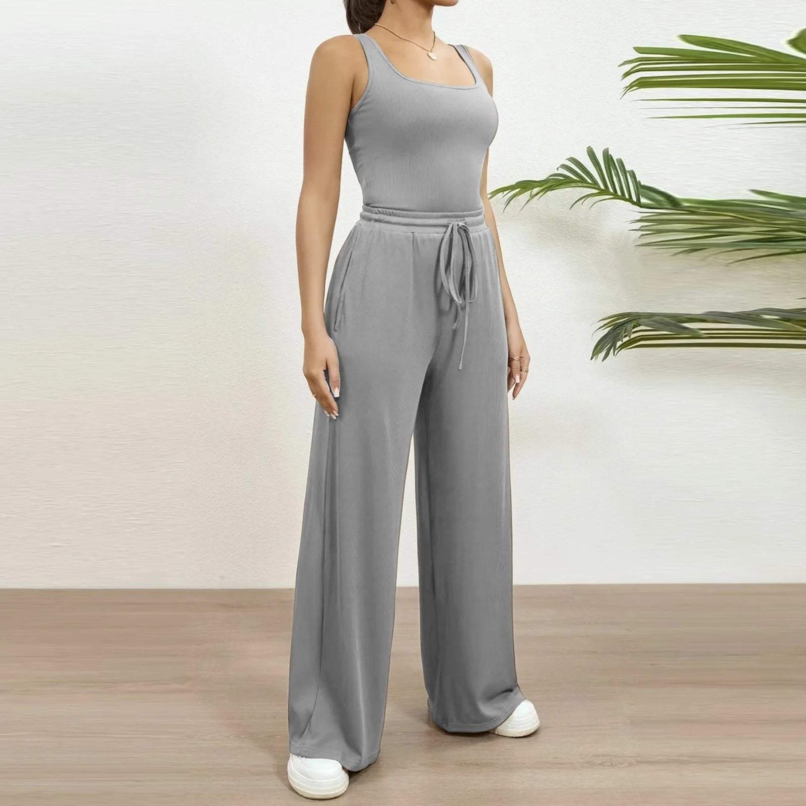 Women'S Travel Clothes Women'S Casual 2 Pieces Outfits Square Neck Sleeveless Bodysuit Drawstring Wide Leg Pants Knit Matching Sets Grey Sizel