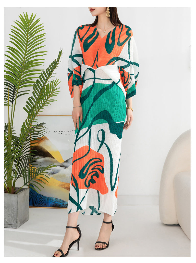 Women'S Temperament Pleated Print Batwing Sleeve Dress