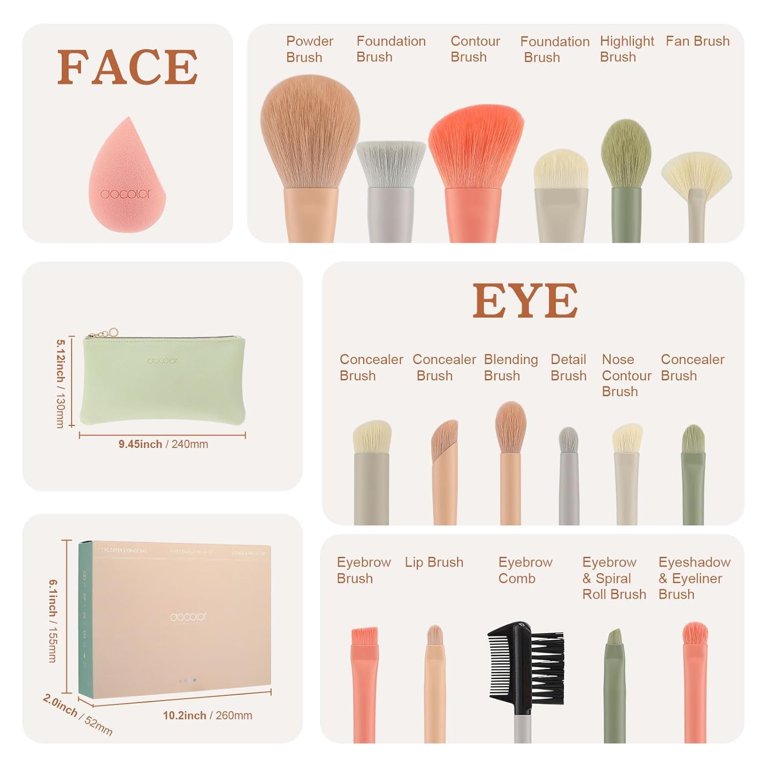 Makeup Brushes 17 Pcs with Makeup Bag and Makeup Sponge and Brush Protector Morandi Makeup Brush Set Premium Synthetic Hair Makeup Brush Wooden Handle Gift Box