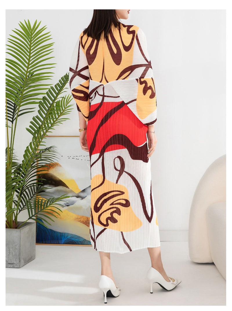 Women'S Temperament Pleated Print Batwing Sleeve Dress