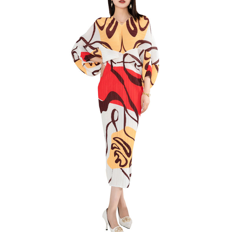 Women'S Temperament Pleated Print Batwing Sleeve Dress