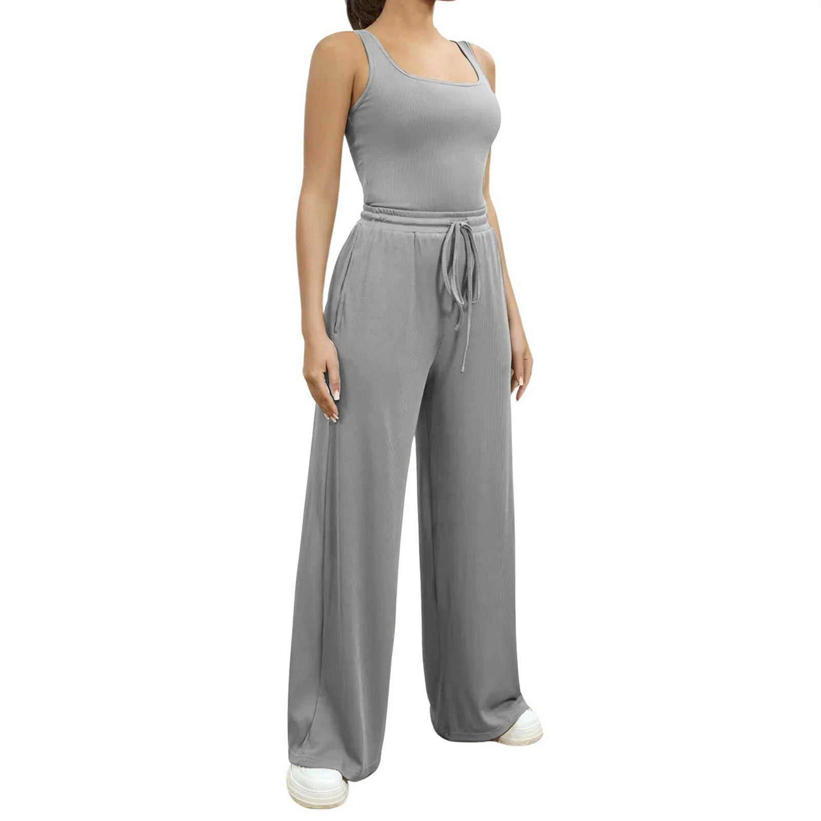 Women'S Travel Clothes Women'S Casual 2 Pieces Outfits Square Neck Sleeveless Bodysuit Drawstring Wide Leg Pants Knit Matching Sets Grey Sizel