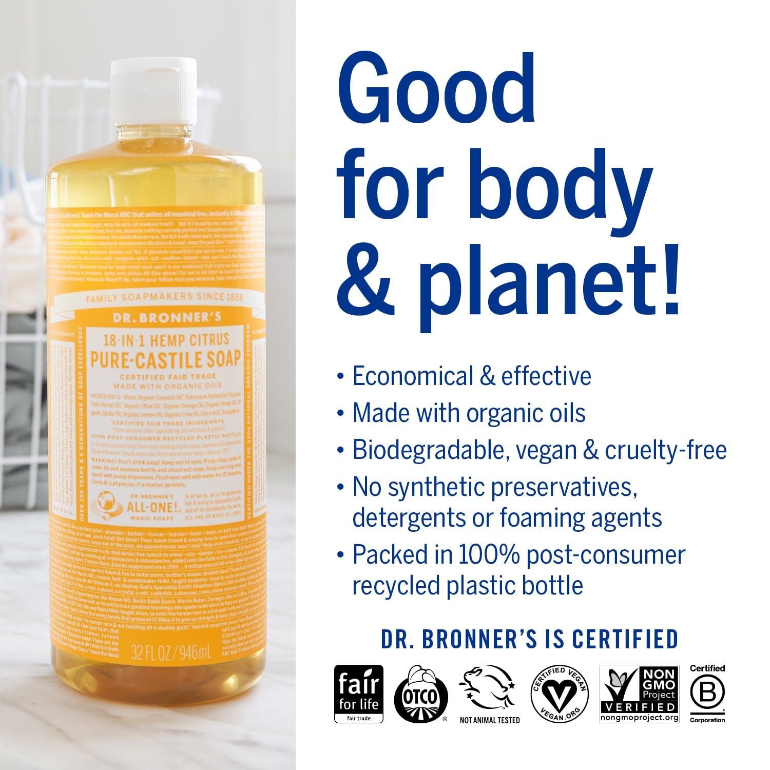 Magic Soap-Pure-Castile Liquid Soap (Citrus, 32 Ounce, 2-Pack)-Regenerative Organic Certified Oils, 18-In-1 Uses: Body, Hair, Laundry, Pets & Dishes, Concentrated, Vegan, Non-Gmo
