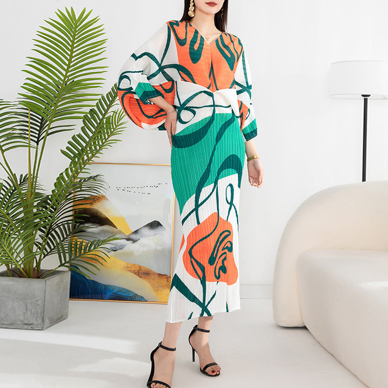 Women'S Temperament Pleated Print Batwing Sleeve Dress