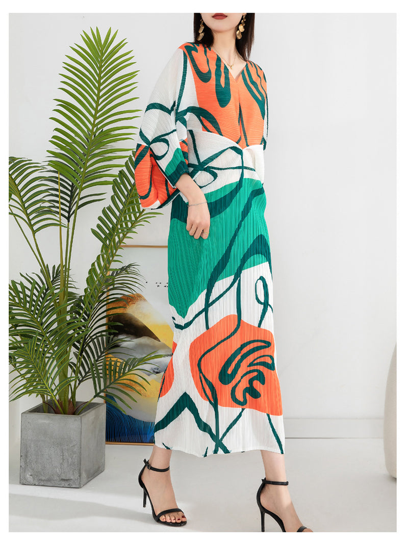 Women'S Temperament Pleated Print Batwing Sleeve Dress