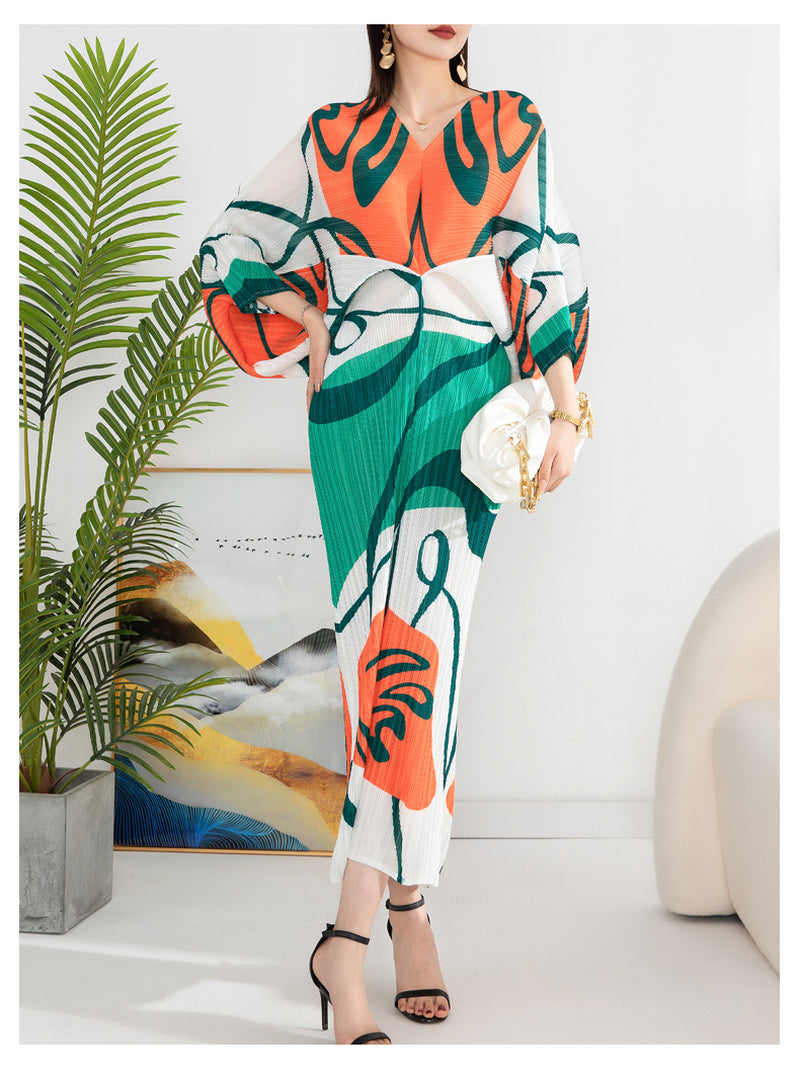 Women'S Temperament Pleated Print Batwing Sleeve Dress