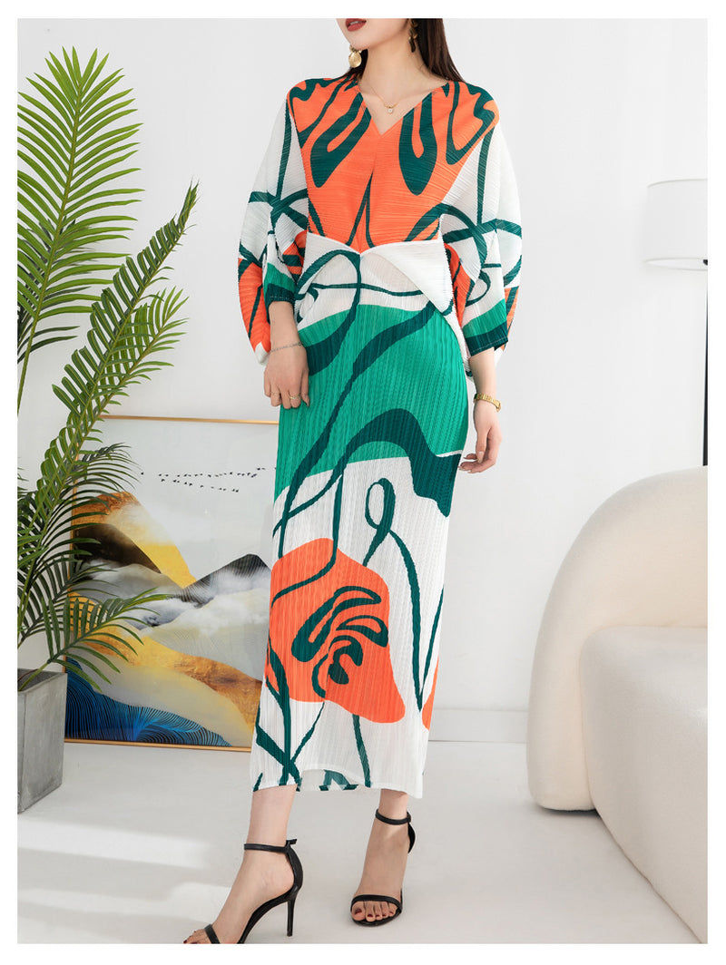 Women'S Temperament Pleated Print Batwing Sleeve Dress