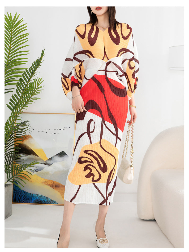 Women'S Temperament Pleated Print Batwing Sleeve Dress