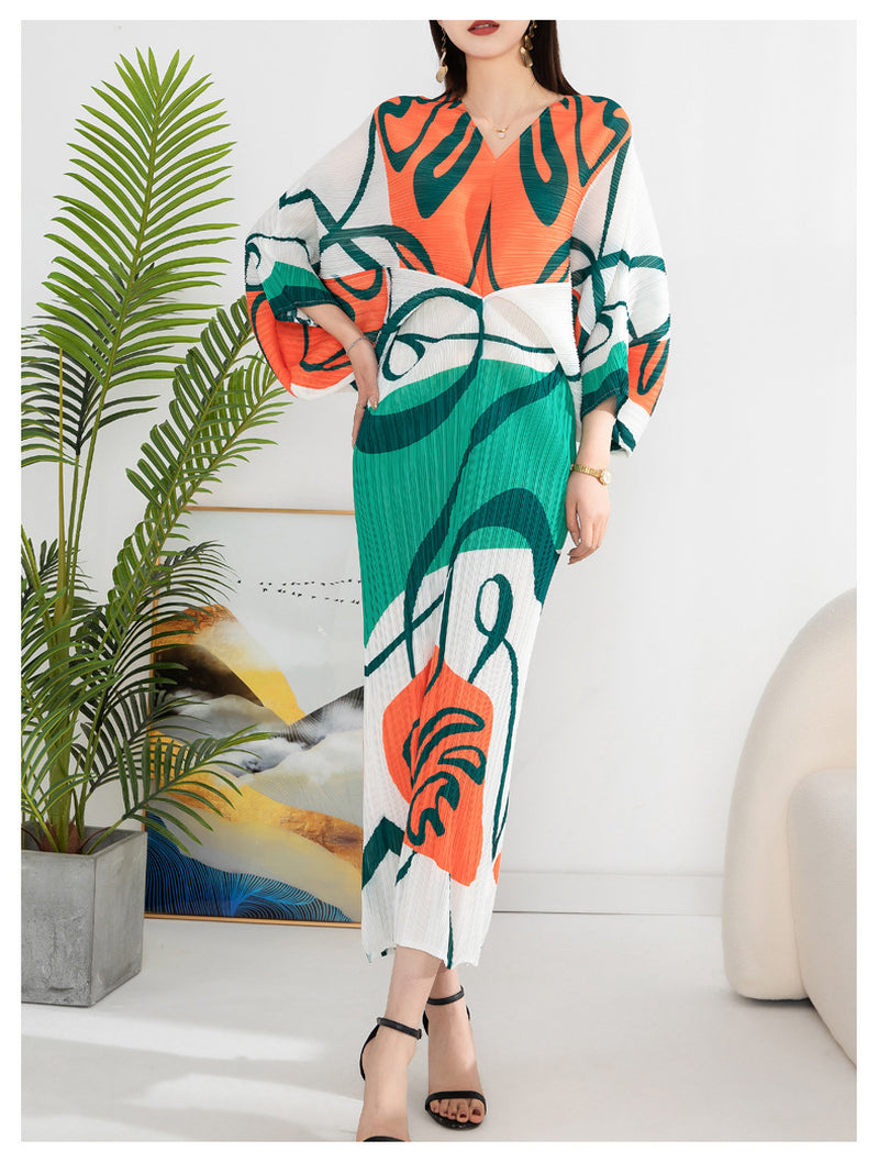 Women'S Temperament Pleated Print Batwing Sleeve Dress