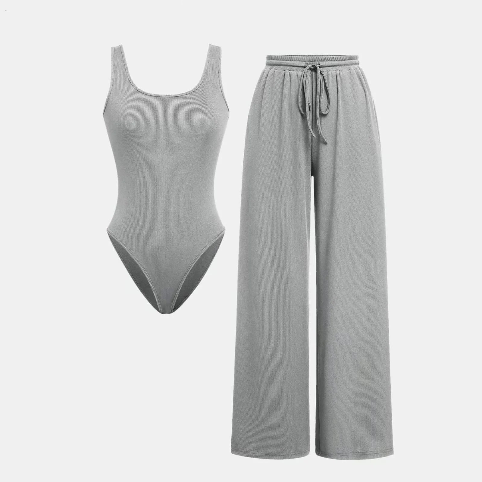 Women'S Travel Clothes Women'S Casual 2 Pieces Outfits Square Neck Sleeveless Bodysuit Drawstring Wide Leg Pants Knit Matching Sets Grey Sizel