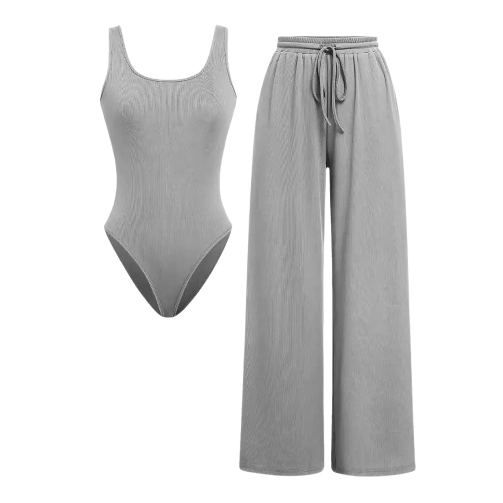 Women'S Travel Clothes Women'S Casual 2 Pieces Outfits Square Neck Sleeveless Bodysuit Drawstring Wide Leg Pants Knit Matching Sets Grey Sizel