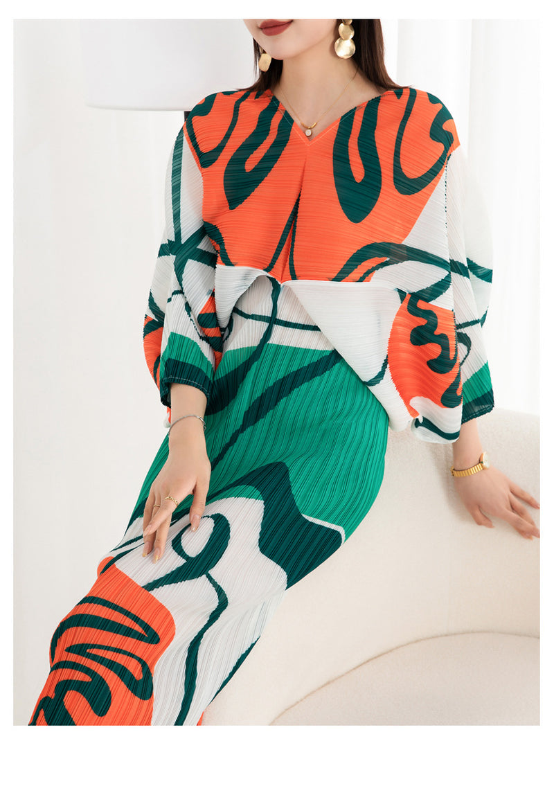 Women'S Temperament Pleated Print Batwing Sleeve Dress