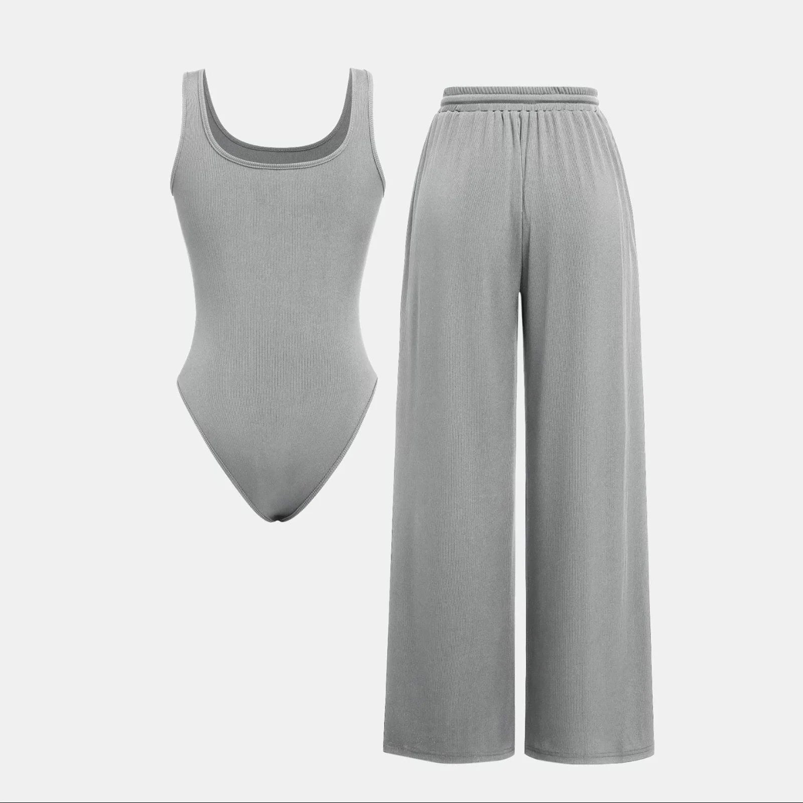 Women'S Travel Clothes Women'S Casual 2 Pieces Outfits Square Neck Sleeveless Bodysuit Drawstring Wide Leg Pants Knit Matching Sets Grey Sizel
